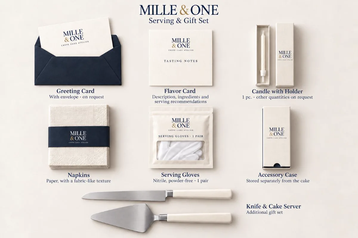 Serving and gifting set: flavour card, candle, napkins, forks, knife and spatula