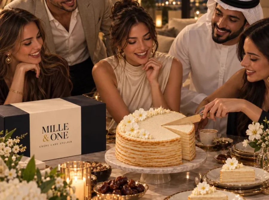 Evening table: hands passing plates while the cake is sliced