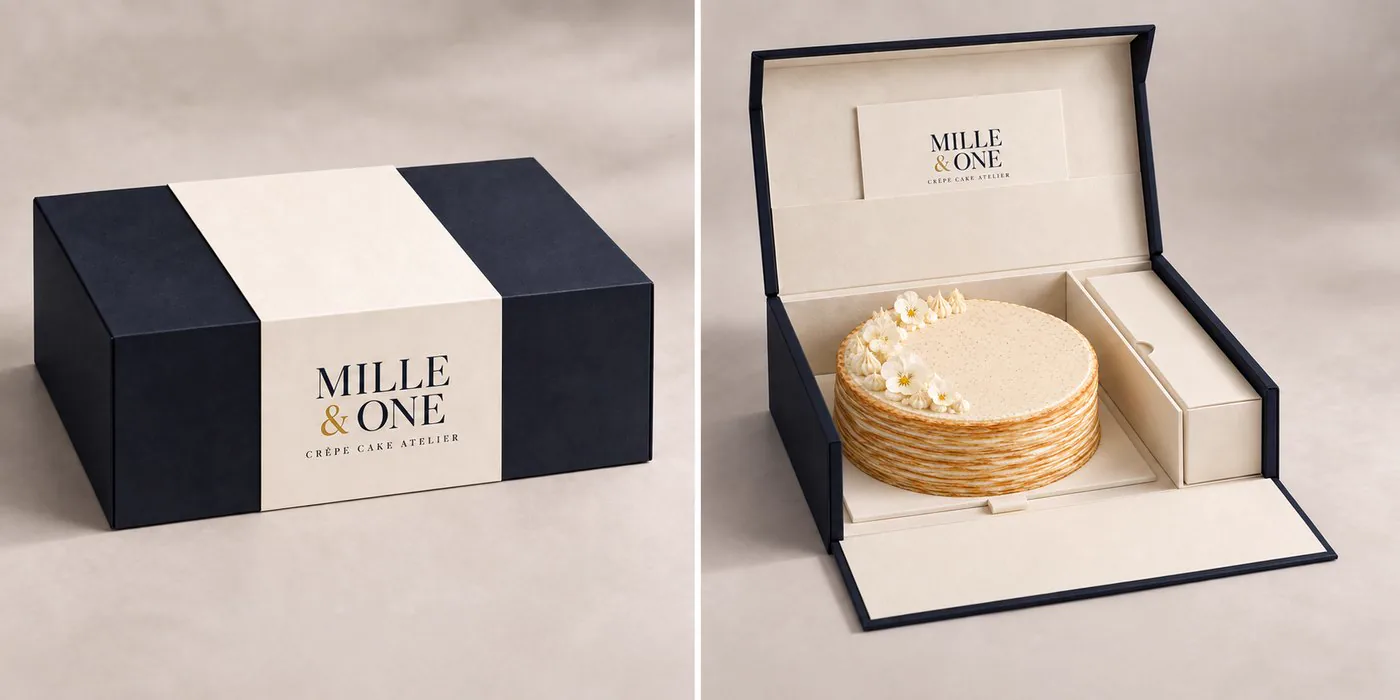Presentation box: closed with the brand band, and open with the cake inside and the accessory drawer