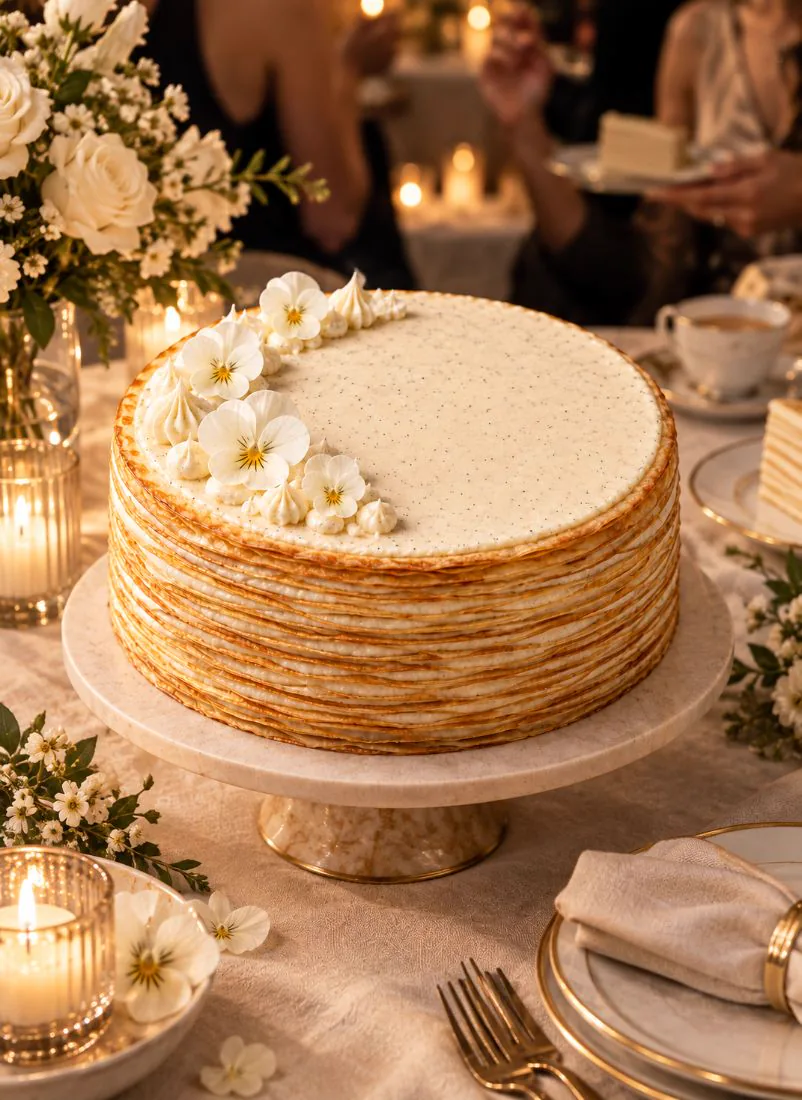 Signature Vanilla crêpe cake on a marble table with candles