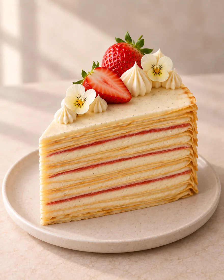 A slice of crêpe cake: twenty-four layers, cream and fresh strawberry