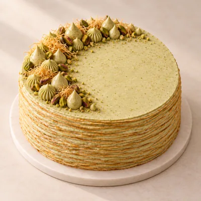 Pistachio, Tahini & Kadayif crêpe cake