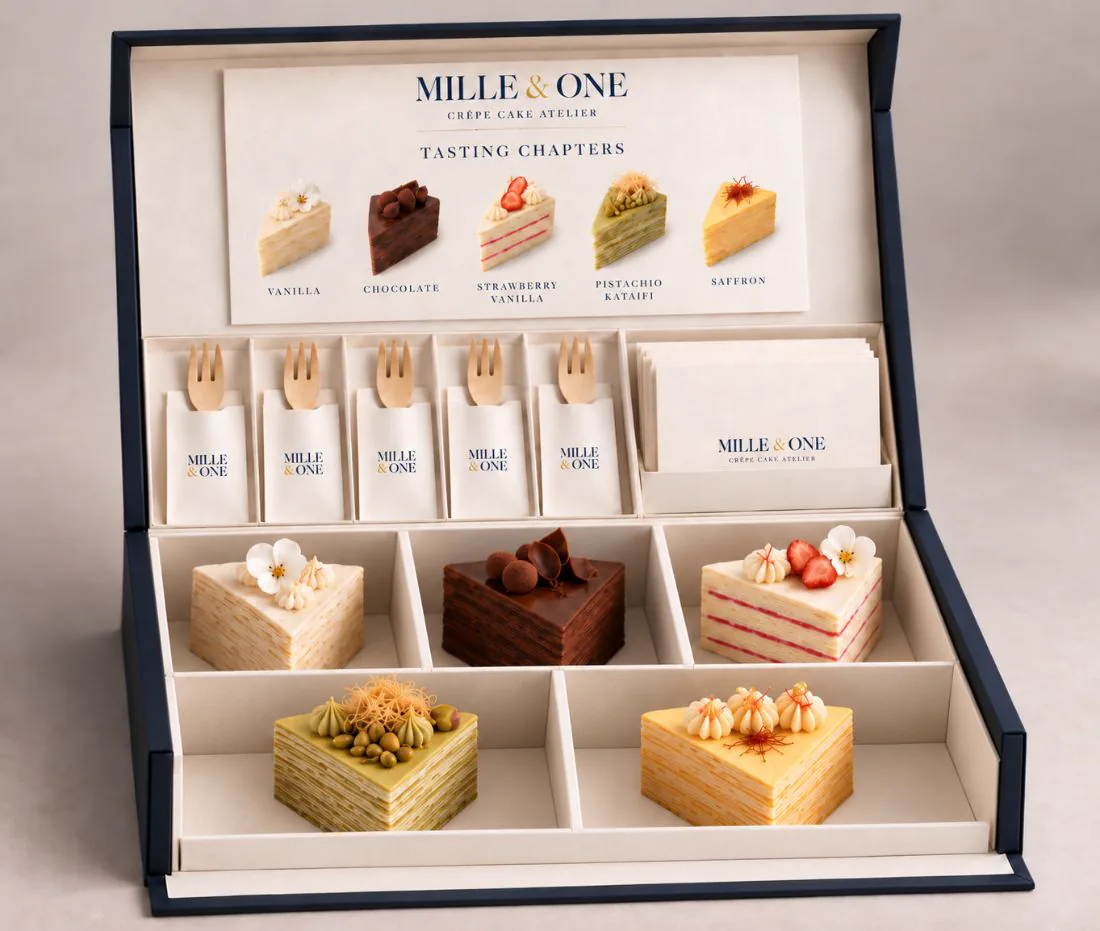 Open Tasting Box with one slice of each signature flavour, forks and a flavour card